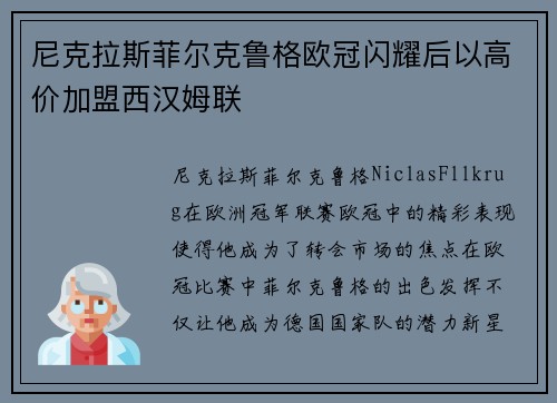 尼克拉斯菲尔克鲁格欧冠闪耀后以高价加盟西汉姆联 尼克拉斯菲尔克鲁格欧冠闪耀后以高价加盟西汉姆联