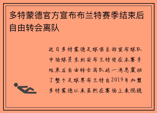 多特蒙德官方宣布布兰特赛季结束后自由转会离队 多特蒙德官方宣布布兰特赛季结束后自由转会离队