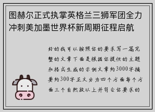 图赫尔正式执掌英格兰三狮军团全力冲刺美加墨世界杯新周期征程启航 图赫尔正式执掌英格兰三狮军团全力冲刺美加墨世界杯新周期征程启航